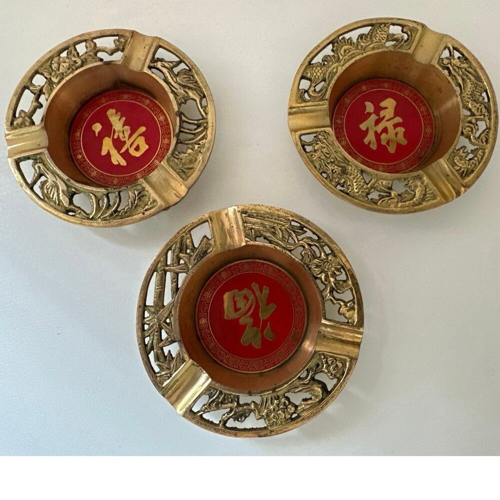 Solid Brass Vintage Ashtrays Oriental Symbol on Red Enamel Ornate Fretwork Frame
